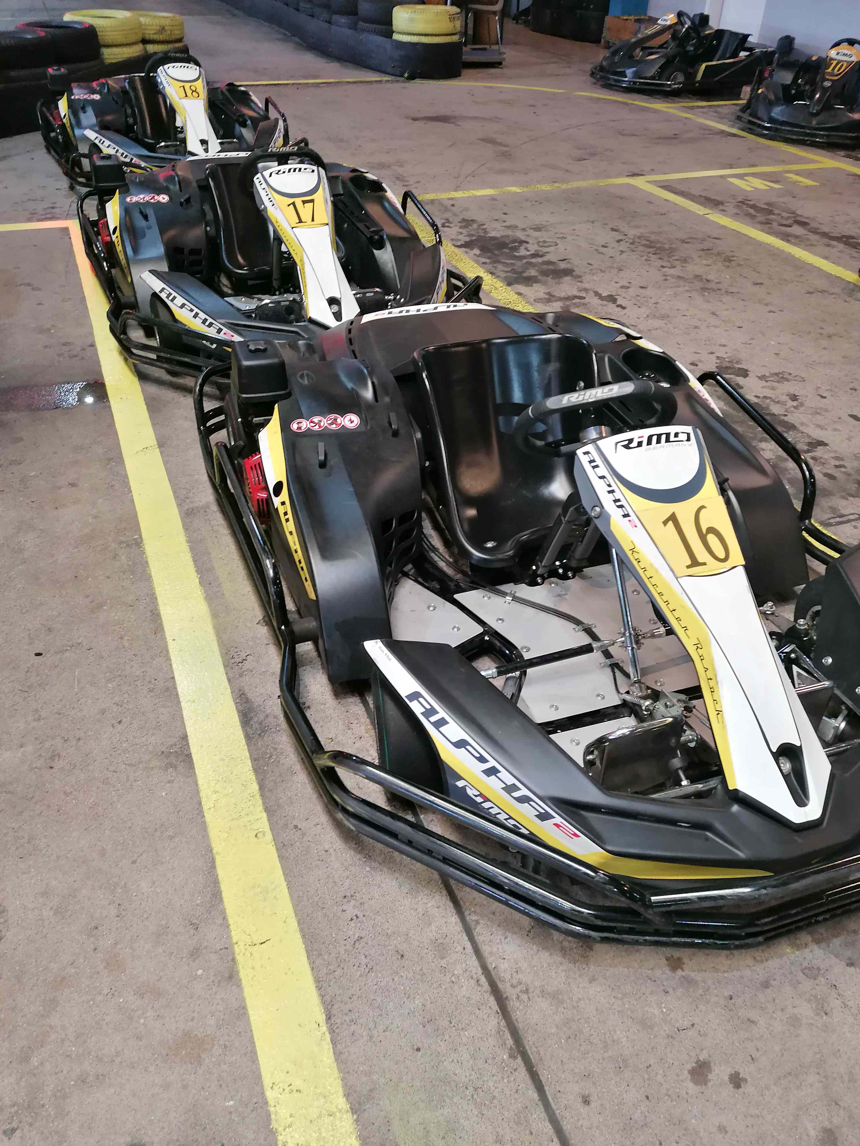 RiMO Alpha 2 race karts lined up in the pit lane at Kartcenter Rostock
