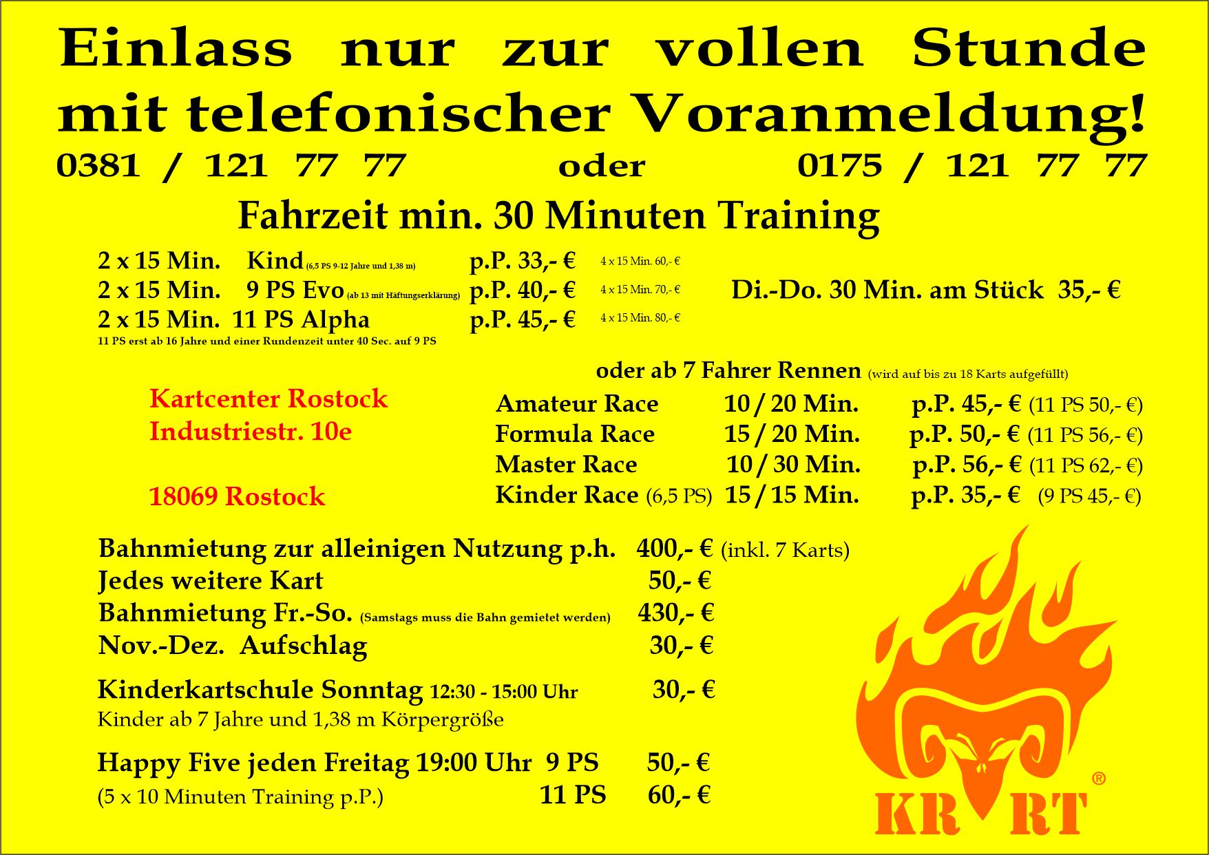 Aktuelle Preisliste des Kartcenter Rostock