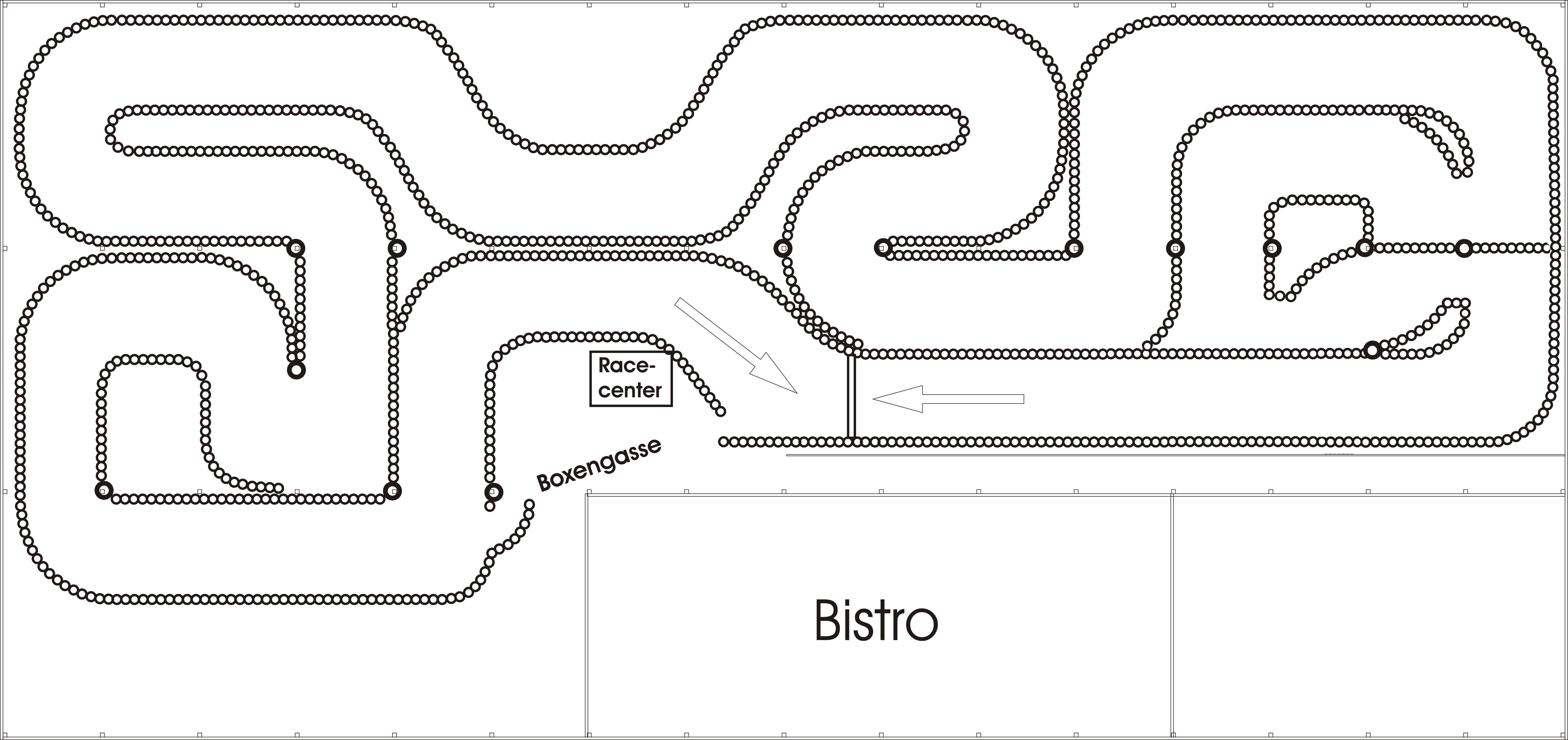 Layout map of the Kartcenter Rostock indoor circuit with pit lane and race center
